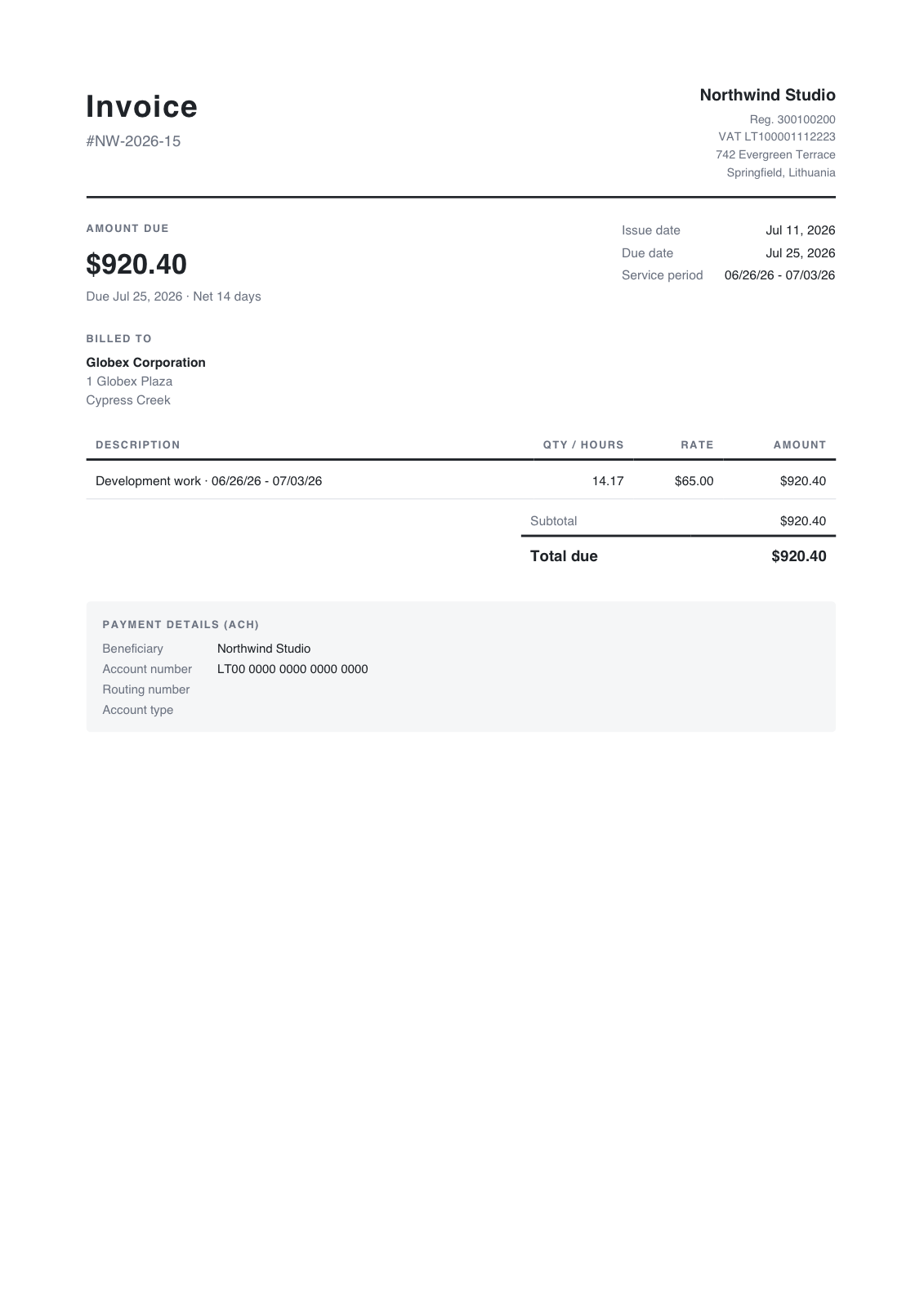 Tracked hours become a client-ready PDF.